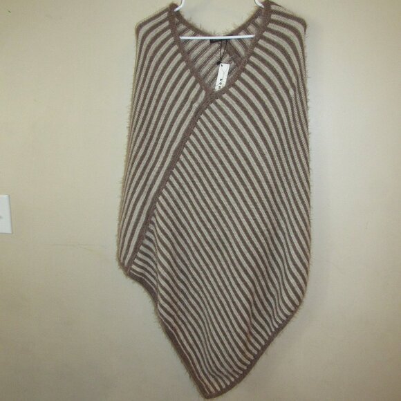 NWT Do Everything in Love Tan Beige Striped Furry Sweater Knit Pullover Poncho - Picture 1 of 4